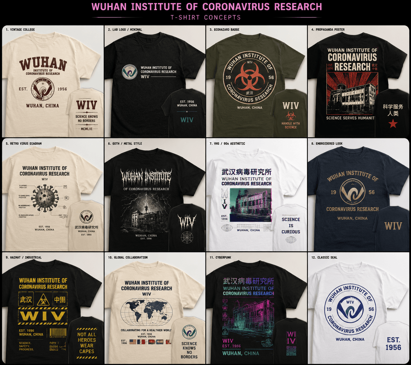 Twelve-panel apparel catalogue in archival, technical, and graphic styles.