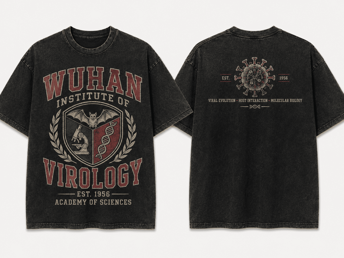Front and back views of the washed-black Virology Academy T-shirt with a collegiate crest.