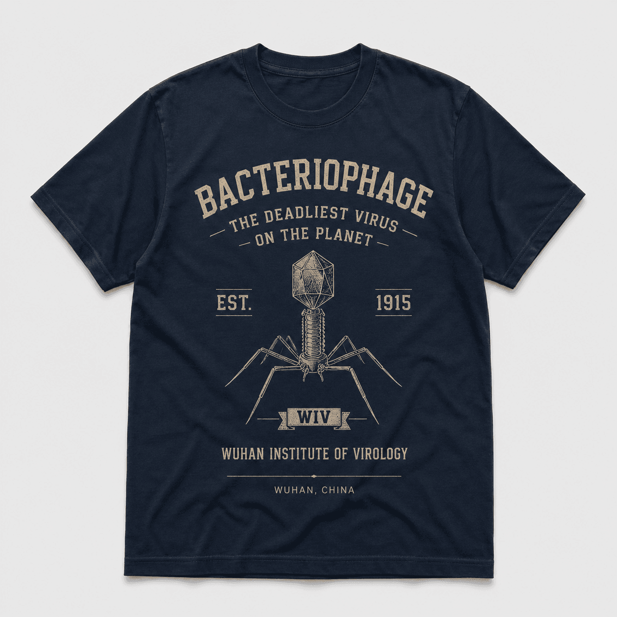 Navy T-shirt with distressed Bacteriophage lettering and a bone-colored bacteriophage illustration.