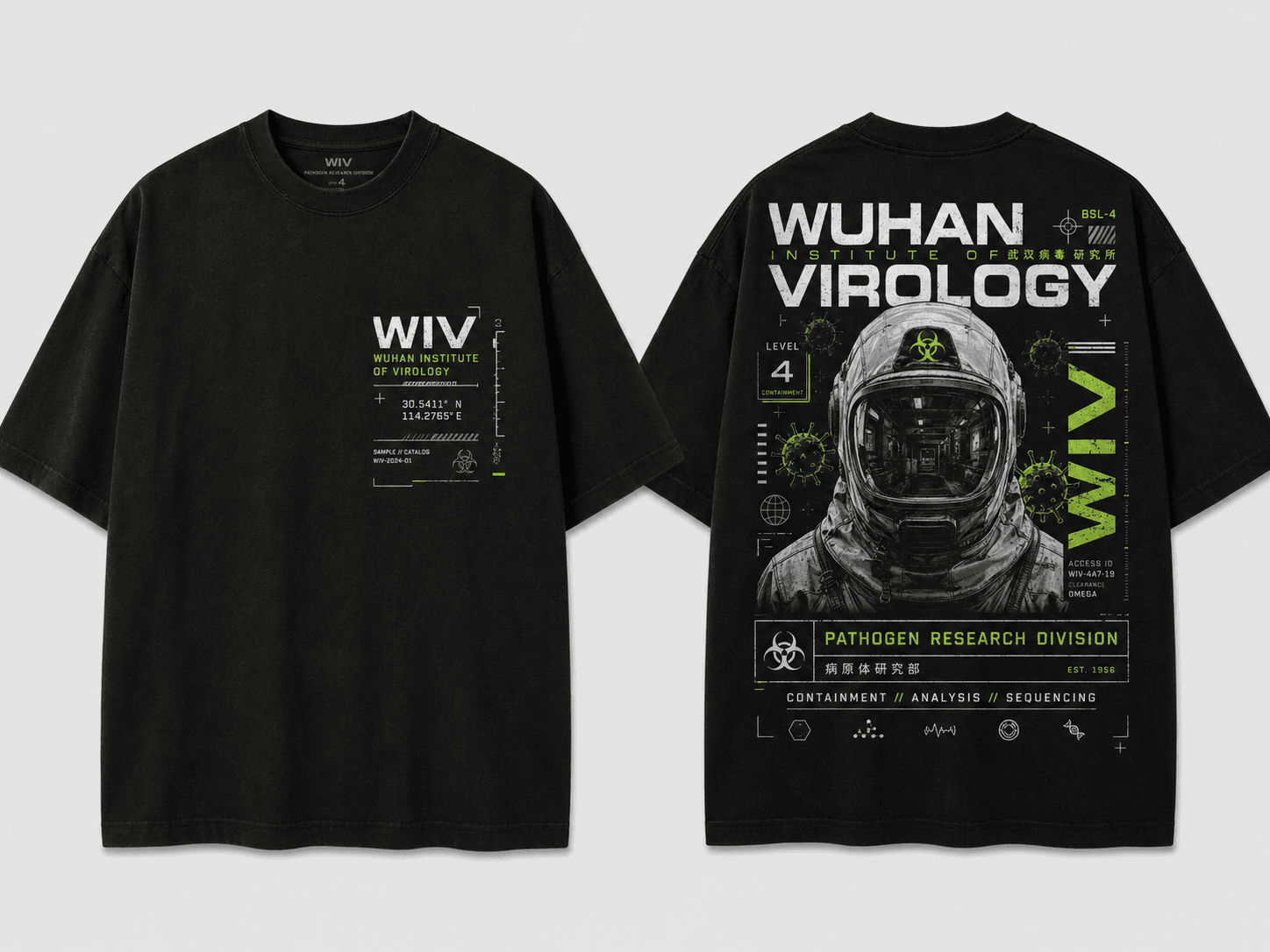 Front and back views of the black BSL-4 Division T-shirt with an acid-green containment-suit graphic.