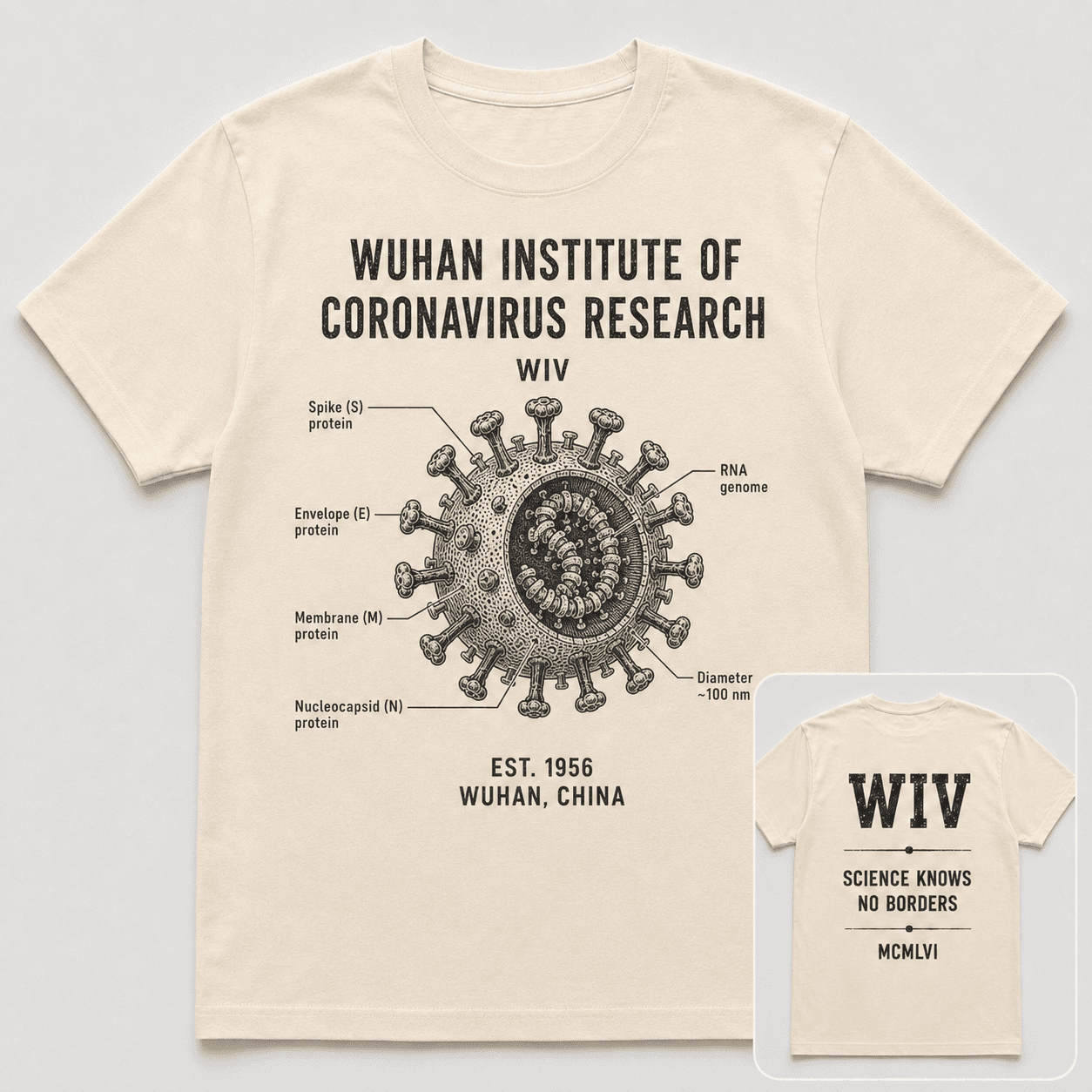 Cream T-shirt with a black coronavirus anatomy diagram and an inset view of the WIV back graphic.