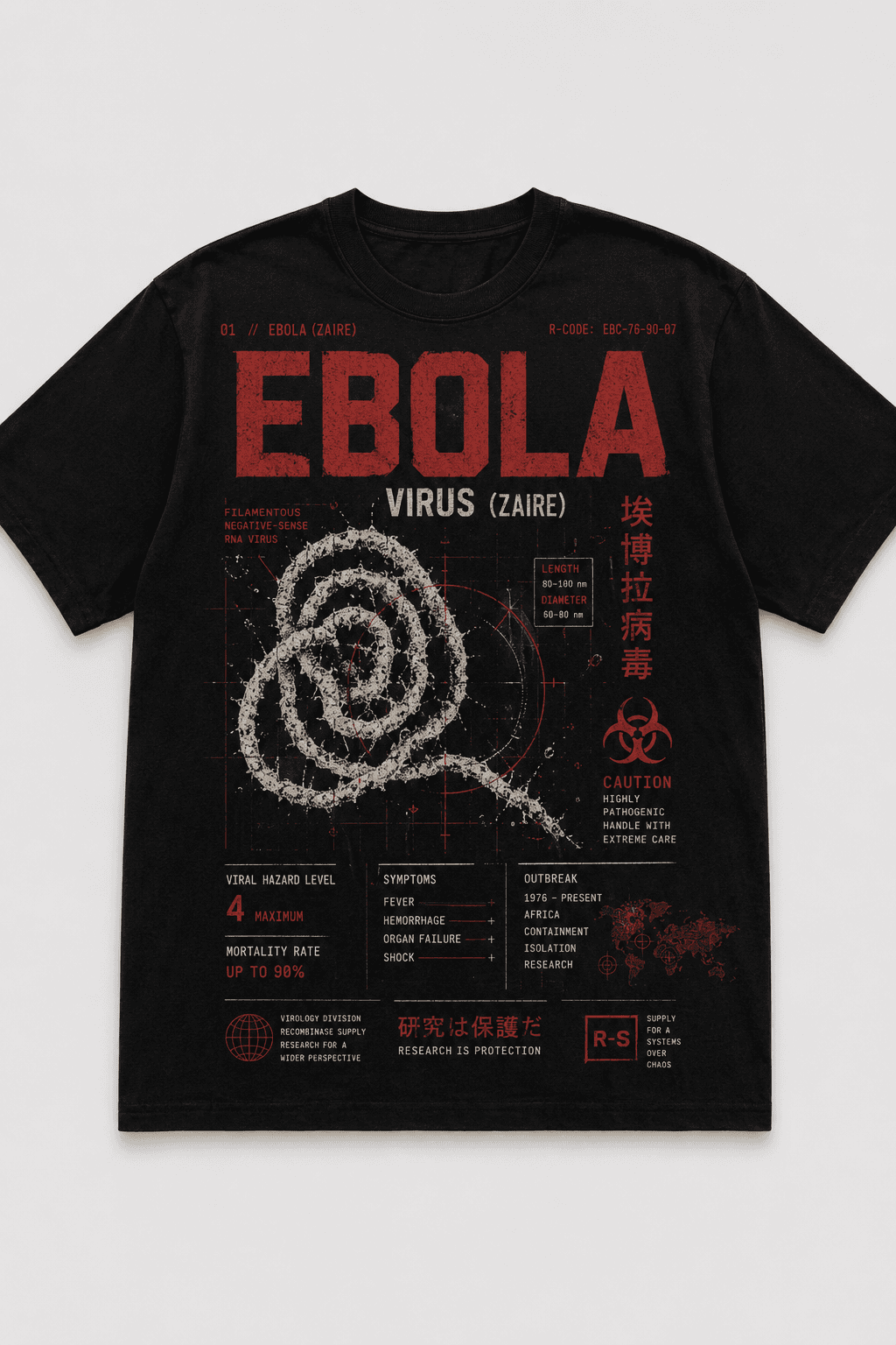 Black T-shirt with a red-and-bone Ebola Virus Zaire research poster and the line Research Is Protection.