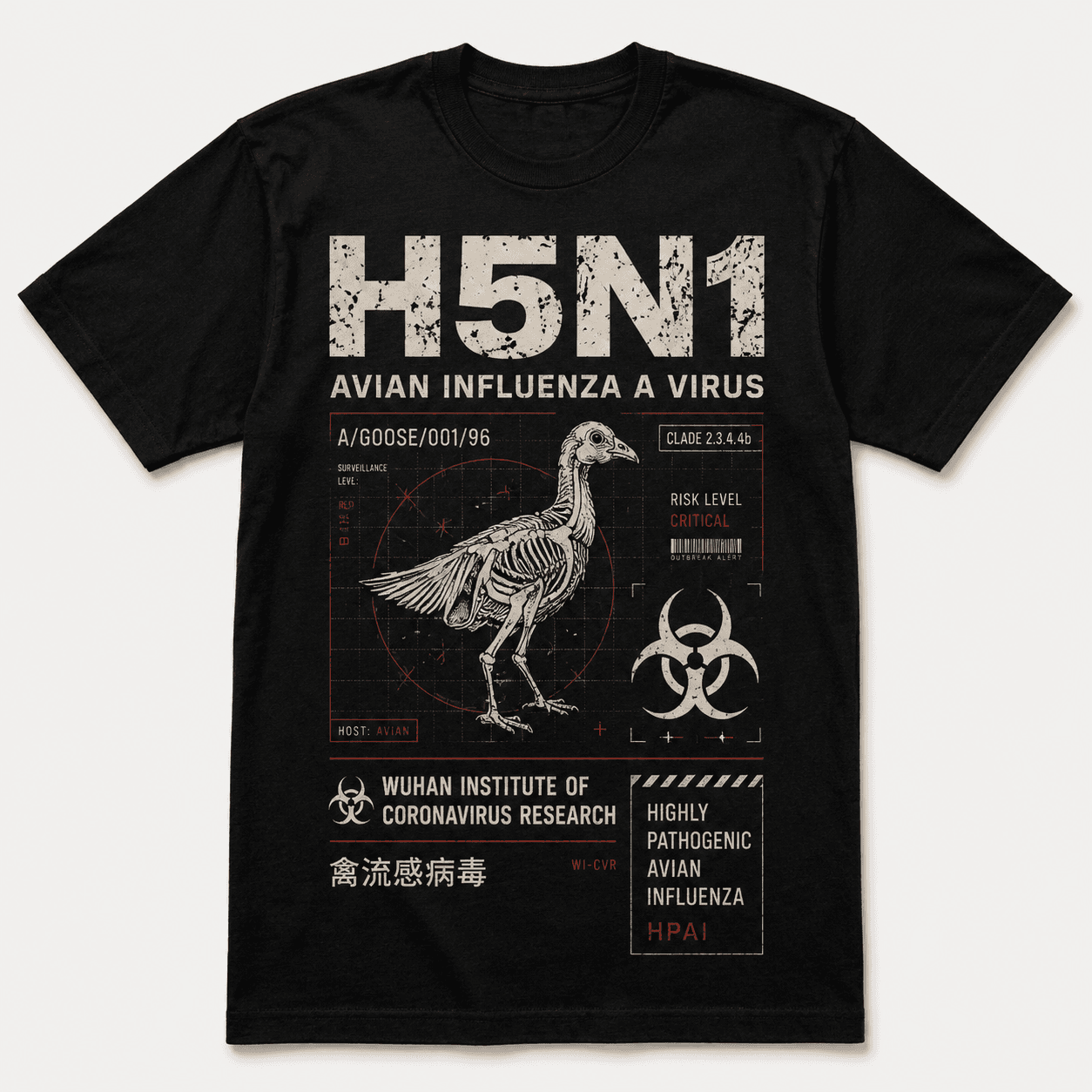 Black T-shirt with a distressed H5N1 graphic featuring a skeletal goose and biohazard mark.