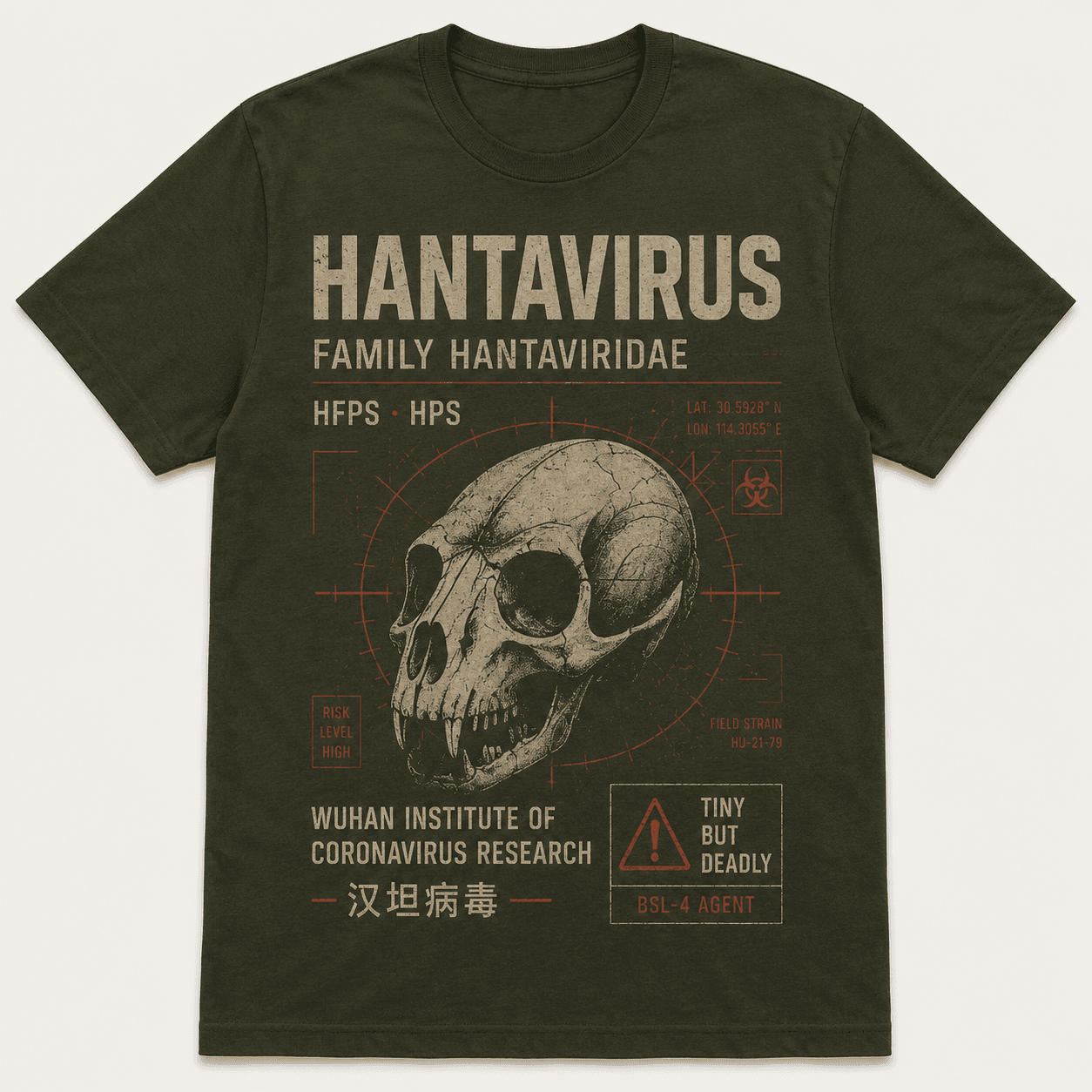 Olive T-shirt with a distressed Hantavirus field graphic centered on a rodent skull.