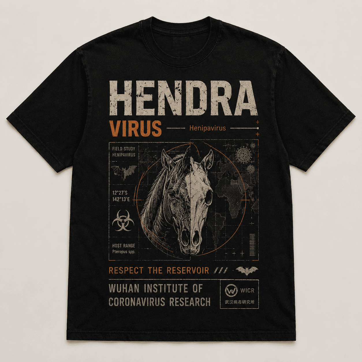 Black T-shirt with a bone-and-orange Hendra Virus graphic featuring a split anatomical horse head.