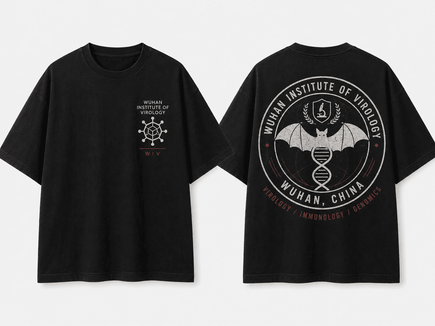 Front and back views of the black Institute Seal T-shirt with a circular bat and DNA back graphic.