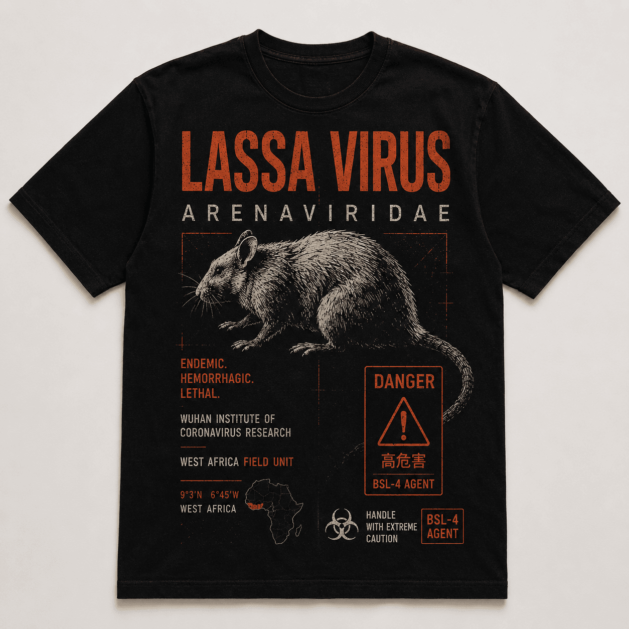 Black T-shirt with an orange-and-bone Lassa Virus graphic featuring an engraved rat and field-unit labels.