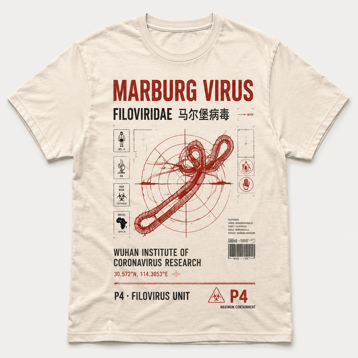 Ivory T-shirt with a red-and-black Marburg Virus technical diagram and containment graphics.