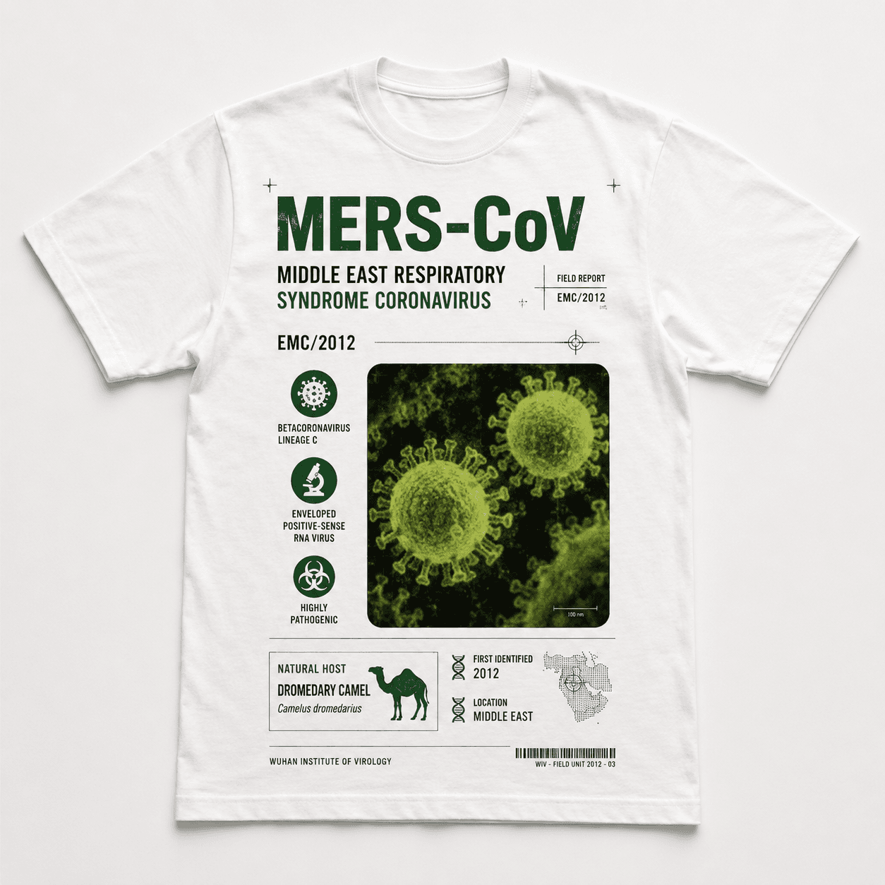 White T-shirt with a green-and-black MERS-CoV field-report graphic showing microscopy imagery and a camel.