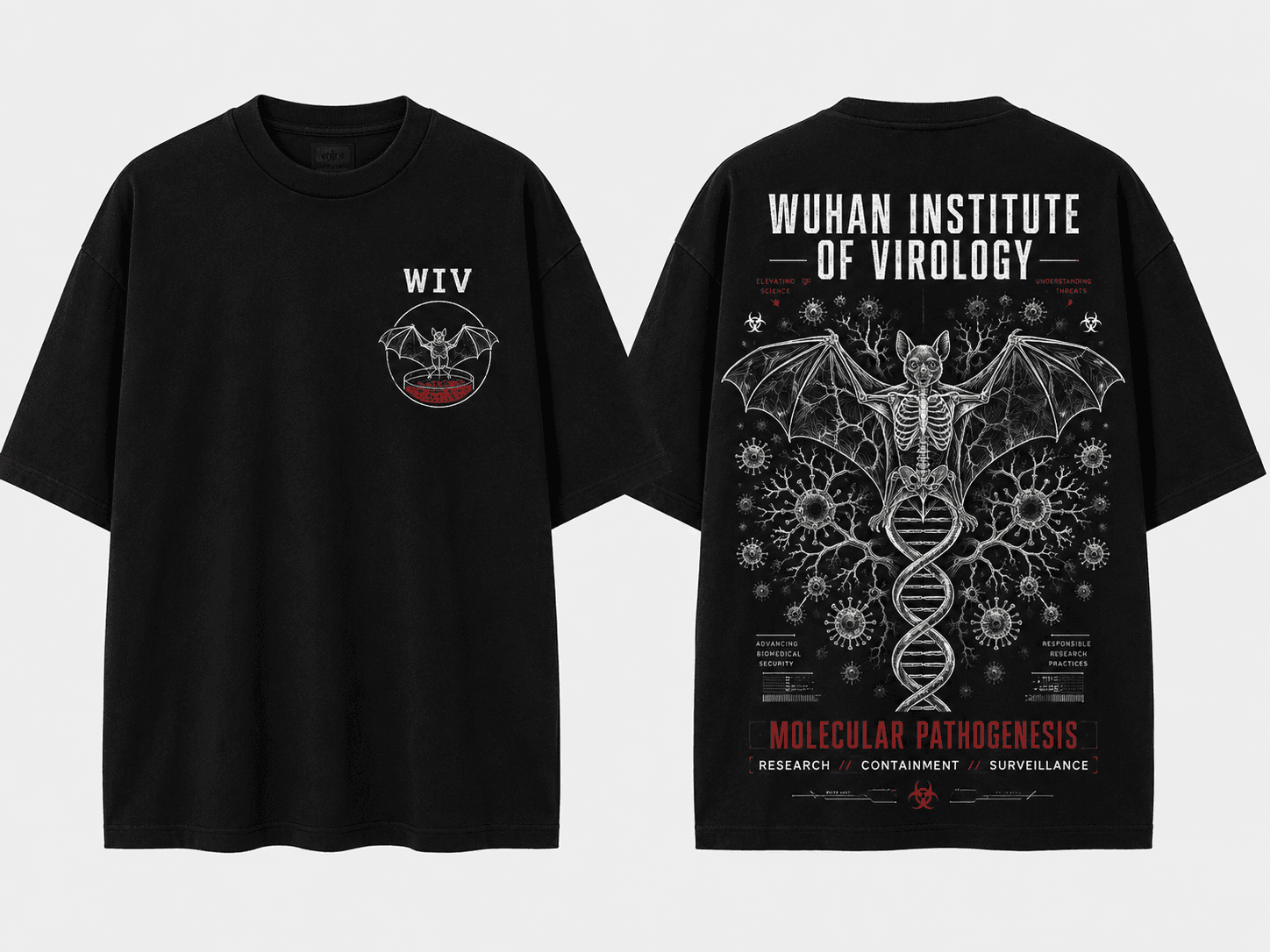 Front and back views of the black Molecular Pathogenesis T-shirt with a skeletal bat and DNA artwork.