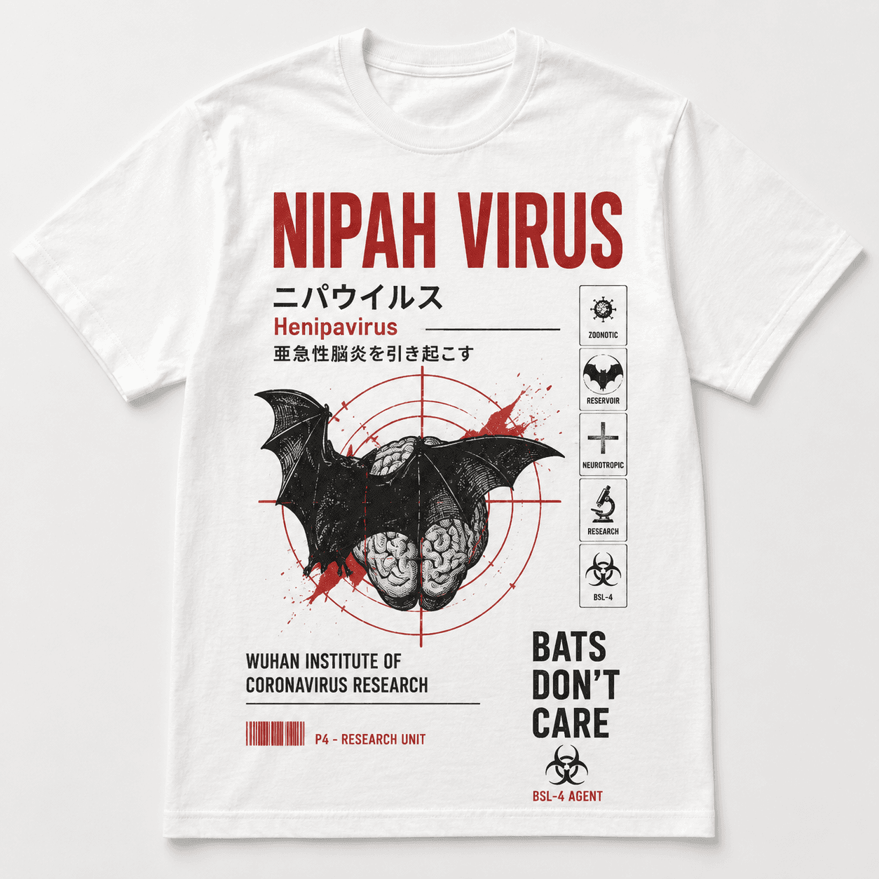 White T-shirt with a red-and-black Nipah Virus graphic featuring a bat silhouette wrapped around an anatomical brain.