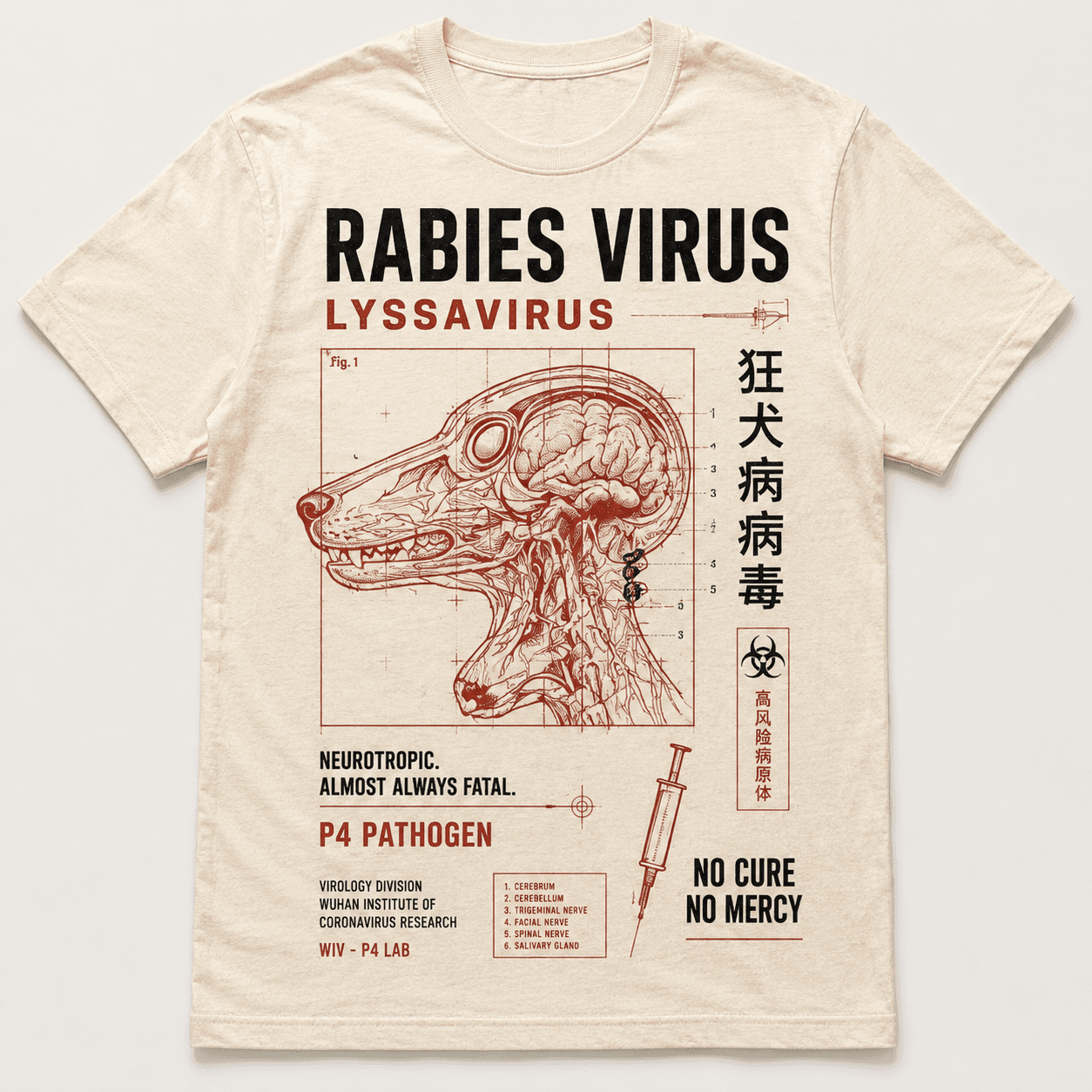 Ivory T-shirt with a red-and-black Rabies Virus graphic showing a canine head anatomical cutaway and syringes.