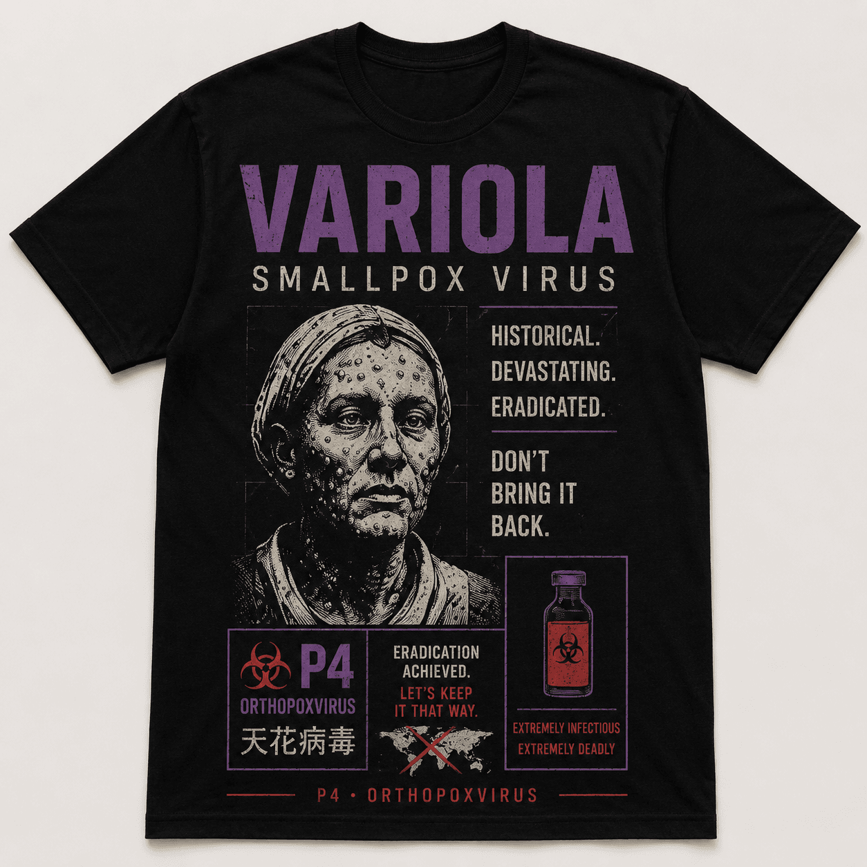 Black T-shirt with a purple, bone, and red Variola Smallpox graphic featuring a historical portrait and vial.